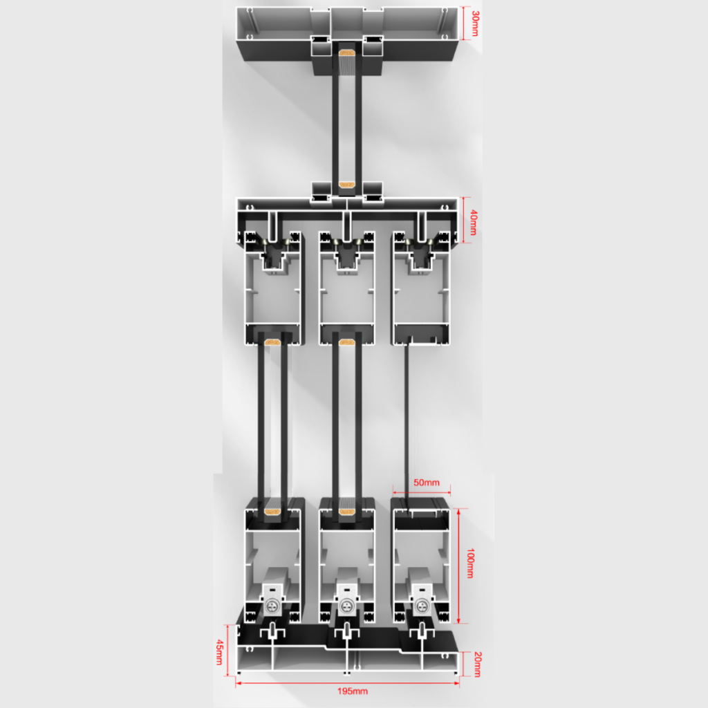 Technical diagram of heavy-duty sliding door cross-section with 2.0mm frame, 2.0mm standard glazed glass, 300kg weight capacity, and composite steel rollers.