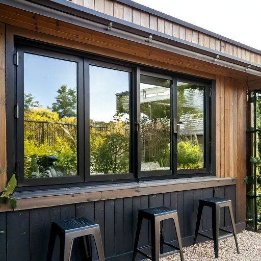 Slim black-framed bifold window installed on timber exterior wall with backyard view.