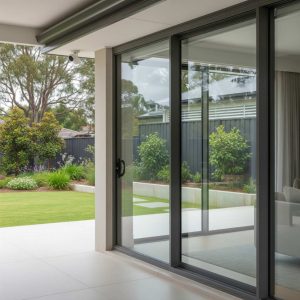 Exterior night view of an Australian house with multiple floor-to-ceiling windows and sliding doors, interior lights on, and a lawn and outdoor air conditioning unit visible outside.