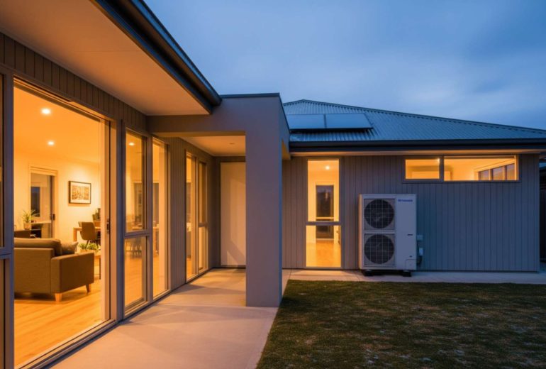 A dark grey aluminum sliding door in the outdoor area of a modern Australian home, with a view of a green lawn and garden.