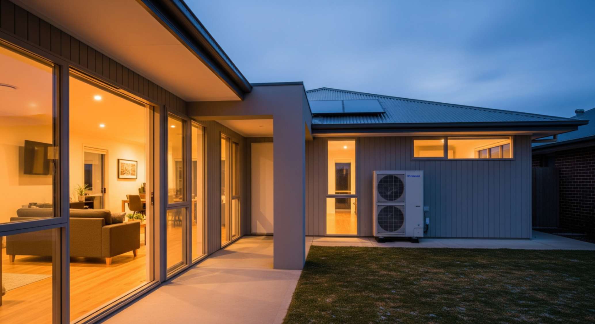 A dark grey aluminum sliding door in the outdoor area of a modern Australian home, with a view of a green lawn and garden.