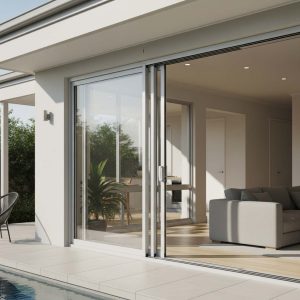 A light-colored aluminum sliding door leading to the outdoor area of a modern Australian home with a pool, and a living room visible inside.
