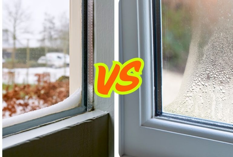 A close-up split image showing two different window issues: on the left, snow accumulation on a window sill with a view of a winter landscape; on the right, condensation heavily fogging a window pane.