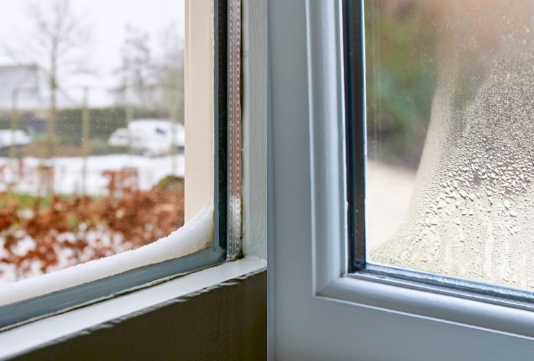 A close-up split image showing two different window issues: on the left, snow accumulation on a window sill with a view of a winter landscape; on the right, condensation heavily fogging a window pane.