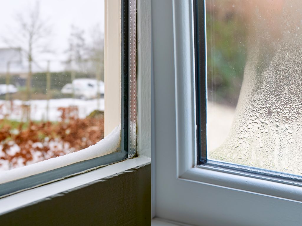 A close-up split image showing two different window issues: on the left, snow accumulation on a window sill with a view of a winter landscape; on the right, condensation heavily fogging a window pane.