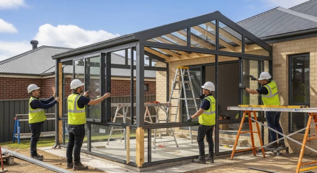 Four construction workers in hard hats and safety vests are in the process of building a glass sunroom or extension onto the side of a brick house. They are installing large glass panels into the metal framework, with tools and ladders around them on a dirt ground.