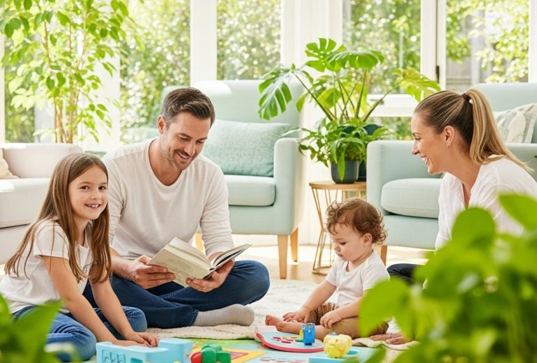 A happy family of four, including a mother, father, young girl, and baby, are sitting on a rug in a bright, plant-filled sunroom. The father is reading a book, while the children are playing with toys. The room is filled with natural light and features light-colored furniture and numerous green plants, creating a relaxed atmosphere.