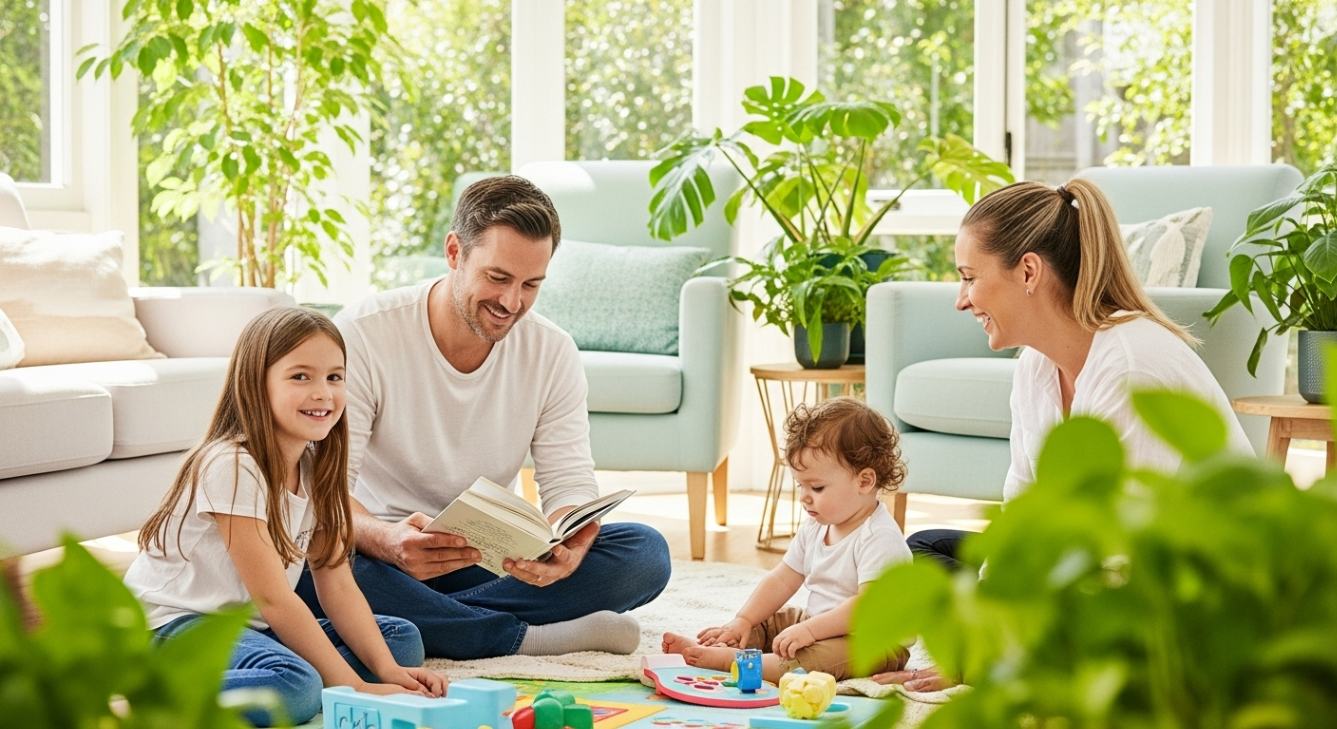 A happy family of four, including a mother, father, young girl, and baby, are sitting on a rug in a bright, plant-filled sunroom. The father is reading a book, while the children are playing with toys. The room is filled with natural light and features light-colored furniture and numerous green plants, creating a relaxed atmosphere.