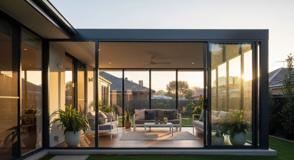 A spacious and modern sunroom with large glass sliding doors and a dark frame, viewed from the outside at sunset. The interior features comfortable light-colored outdoor furniture, a rug, and several potted plants, with the warm glow of the setting sun casting long shadows.