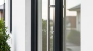 A close-up shot of a modern black-framed glass door, showcasing the details of its handle and lock. The background features a blurry view of a white house wall and some green foliage.