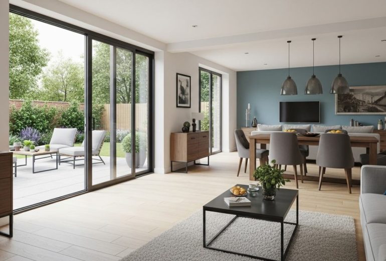 A modern, open-plan living and dining room with large sliding glass doors leading to an outdoor patio and garden. The interior features light wood floors, a grey sofa, a black coffee table, and a dining table with grey chairs under dark pendant lights, set against a teal accent wall.