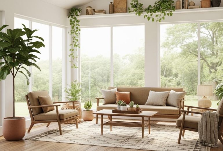 Modern biophilic sunroom extension in Melbourne home featuring floor-to-ceiling windows, abundant natural light, lush green plants, and comfortable neutral furniture creating a peaceful indoor-outdoor living space