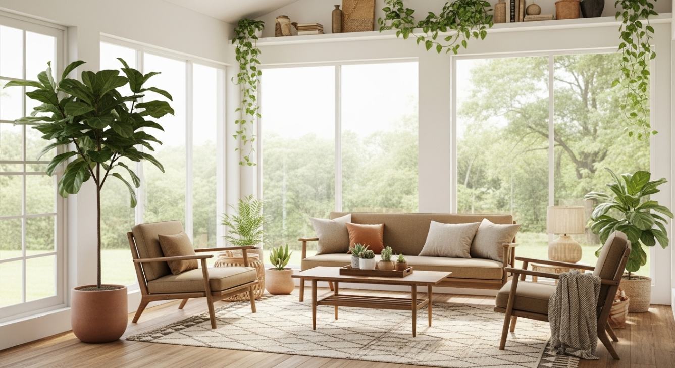 Modern biophilic sunroom extension in Melbourne home featuring floor-to-ceiling windows, abundant natural light, lush green plants, and comfortable neutral furniture creating a peaceful indoor-outdoor living space
