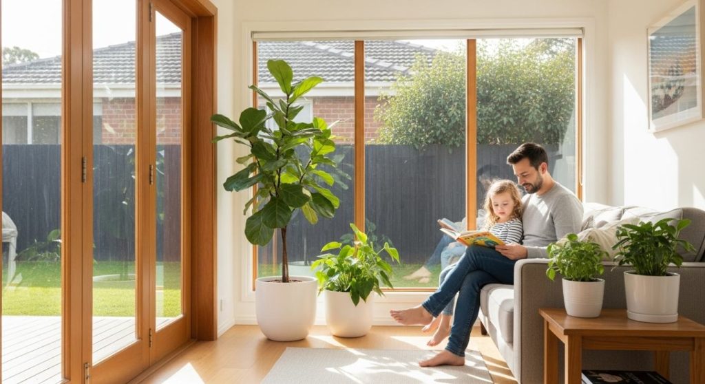 Father and young daughter reading together in modern sunroom extension with large glass doors, natural plants, and warm lighting demonstrating family bonding benefits of biophilic design