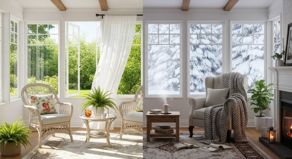 Split view of Melbourne sunroom showing summer and winter comfort features - natural ventilation and cozy fireplace demonstrating year-round climate adaptability with plants and comfortable seating