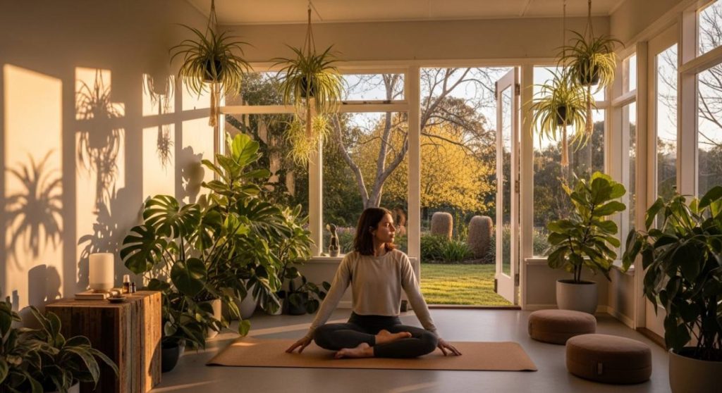 Woman practicing meditation in bright biophilic sunroom filled with hanging plants and natural light, showcasing mental health benefits of sunroom extension Melbourne design