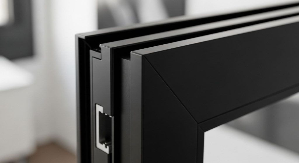 Close-up of a sleek black aluminium window or door frame, showcasing modern minimalist design and precise craftsmanship, with sharp edges and smooth finishes.