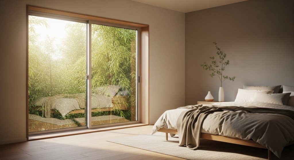 Cozy modern bedroom with large sliding glass doors opening to a lush green garden, featuring a wooden bed frame with neutral bedding, soft natural light, and a minimalist decor with a single plant in a white vase.