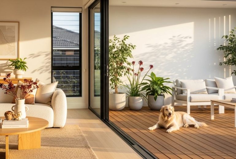 Warm and inviting indoor-outdoor living area with sliding glass doors, comfortable white furniture, wooden deck flooring, and lush potted plants, with a golden retriever lounging peacefully in the sunlit patio.