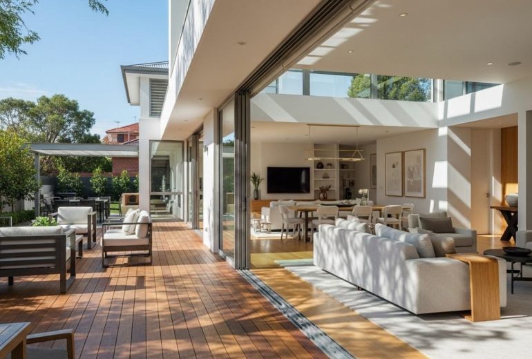 Contemporary open-plan living area seamlessly connecting to a wooden outdoor deck, featuring stylish furniture, natural light streaming through large sliding glass doors, and a harmonious indoor-outdoor flow.