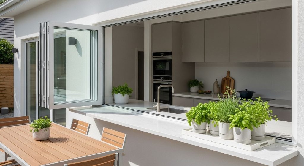 Modern outdoor kitchen with a wide folding window opening to a patio, featuring a white countertop with fresh herbs in pots, a wooden dining table, and sleek grey cabinets inside the kitchen, creating a fresh and airy cooking space.