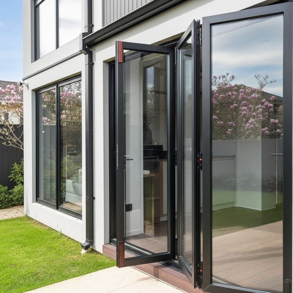 Contemporary house featuring premium black frame aluminium bifold doors with magnolia trees blooming in background garden