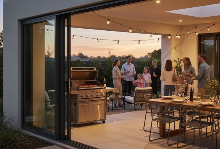 Sleek black aluminium bifold doors partially opened in modern Melbourne home, demonstrating flexible indoor-outdoor living solutions