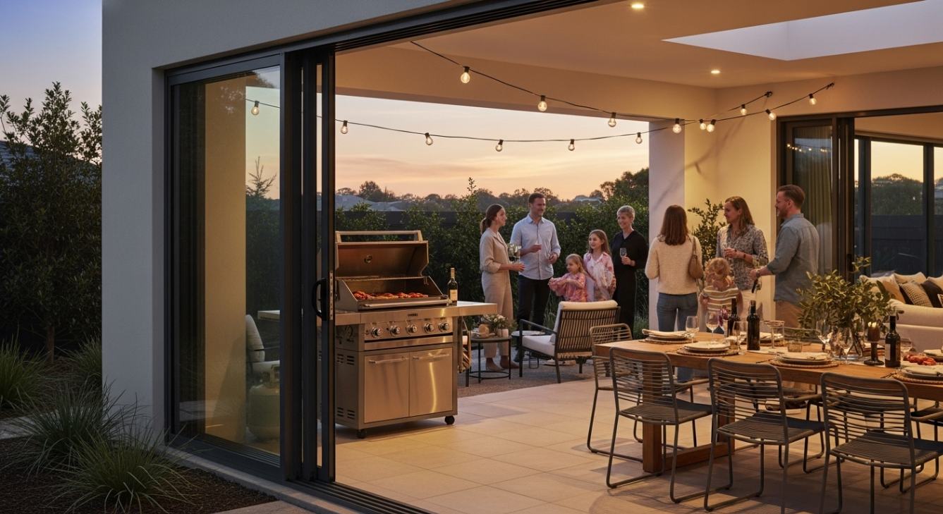 Sleek black aluminium bifold doors partially opened in modern Melbourne home, demonstrating flexible indoor-outdoor living solutions