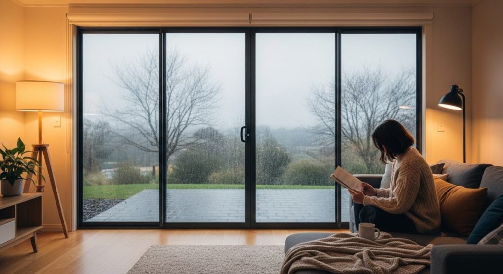 Woman reading a book on a cozy sofa by large glass doors overlooking a misty countryside landscape on a rainy day