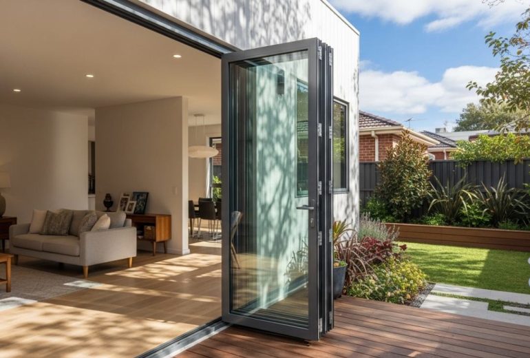 Open bifold glass doors connecting modern living room to sunny backyard garden with wooden deck and landscaped lawn