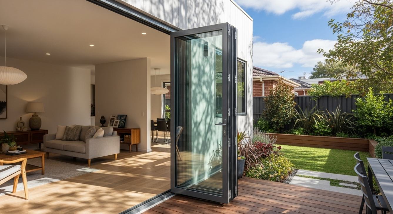 Open bifold glass doors connecting modern living room to sunny backyard garden with wooden deck and landscaped lawn