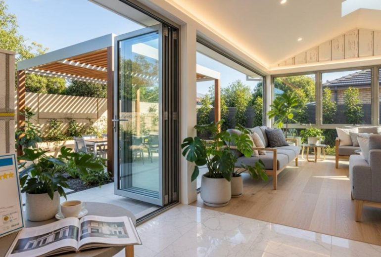 Bright modern living room with open bifold glass doors leading to outdoor patio with pergola, featuring gray sofa, indoor plants, and energy rating certificate visible on table