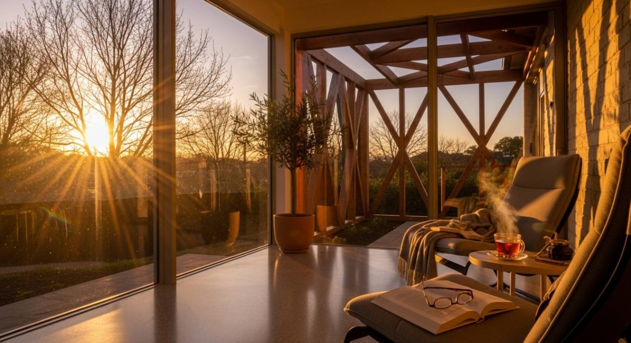 Cozy sunroom reading corner at sunset with floor-to-ceiling glass doors, wooden pergola ceiling, armchair with throw blanket, steaming tea cup, open book and eyeglasses on side table