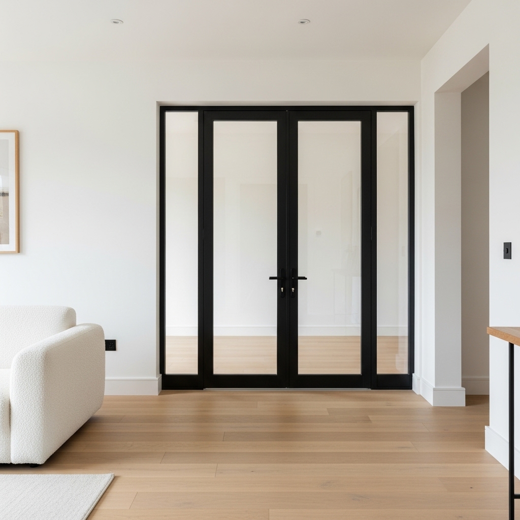 Modern black aluminium double swing doors in minimalist Melbourne interior