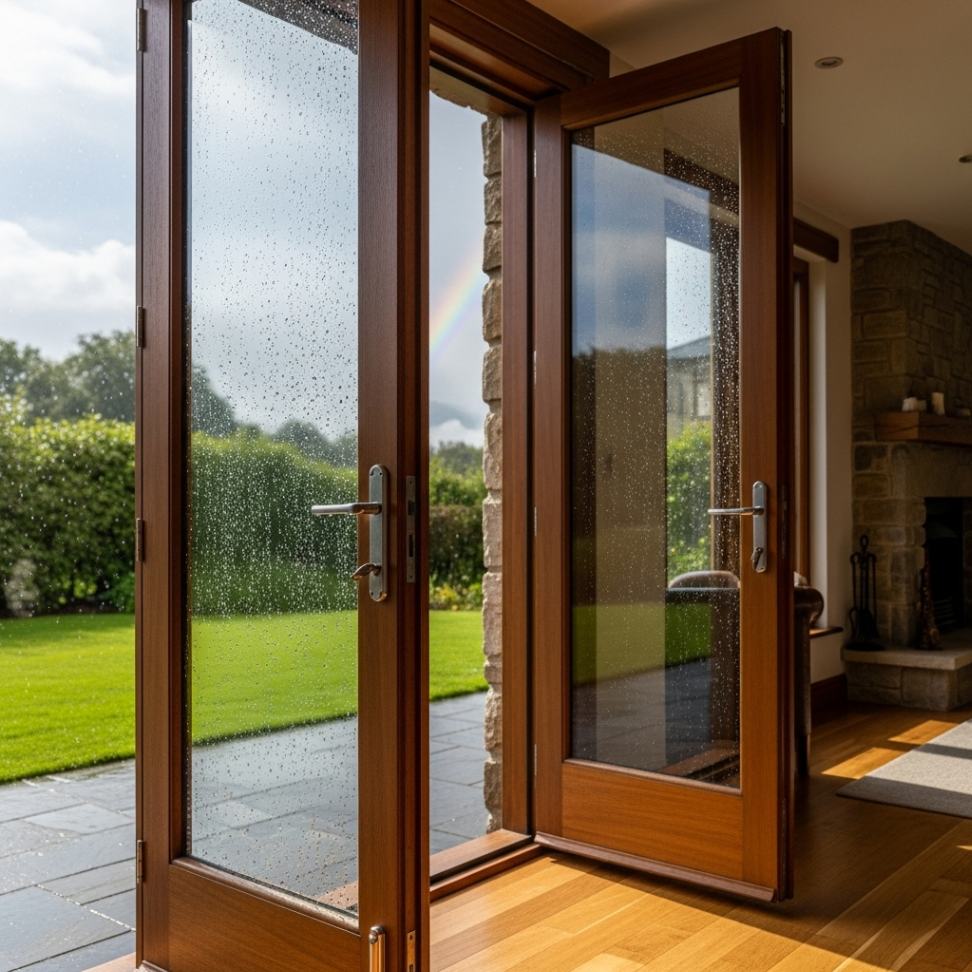 Double swing doors connecting living room to garden in Melbourne home