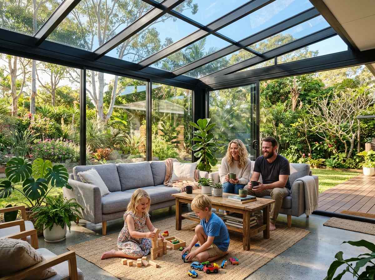 Family enjoying sunroom extension in Melbourne backyard