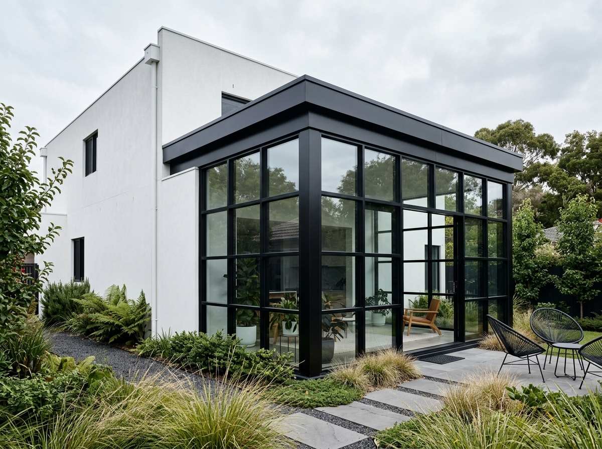 Modern sunroom with black powder-coated aluminium frames and clear double-glazed glass