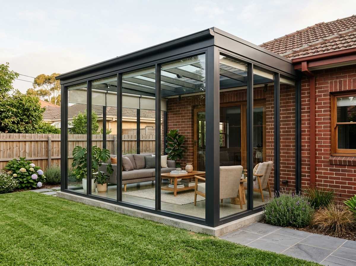 Completed custom glass sunroom with aluminium frames attached to Melbourne brick home
