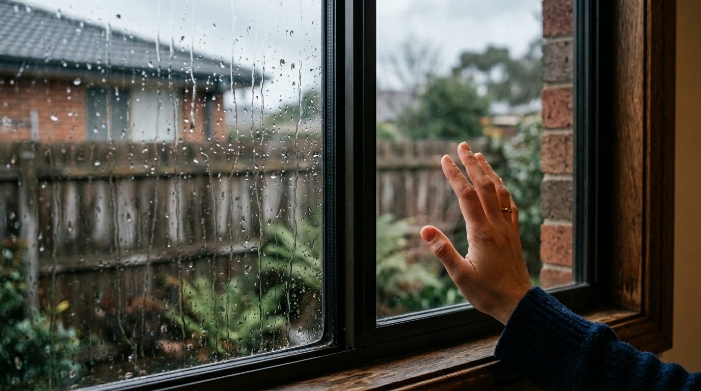 Close-Up-Of-Double-Glazed-Window-On-Rainy-Melbourne-Winter-Day-Showing-Dry-Clear-Inner-Glass