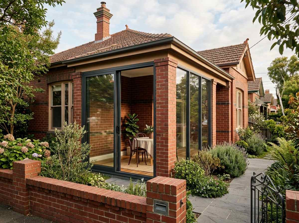 Enclosed patio converted to glass sunroom on classic red brick Melbourne home