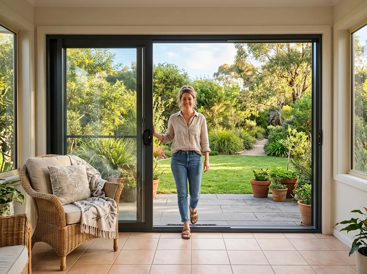 Woman stepping through aluminium sliding door connecting Melbourne sunroom to garden patio