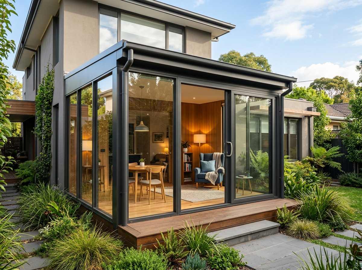 Fully enclosed insulated glass sunroom designed for year-round use in Melbourne climate