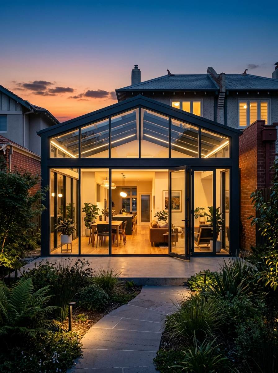 Large luxury glass sunroom with warm interior lighting photographed at dusk in Melbourne