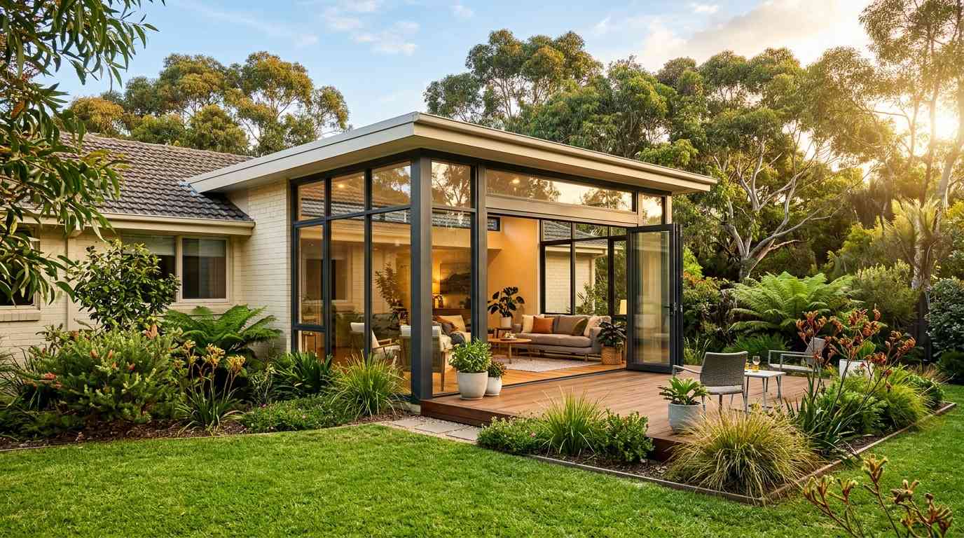 Premium custom glass sunroom extension with folding doors on Melbourne suburban home