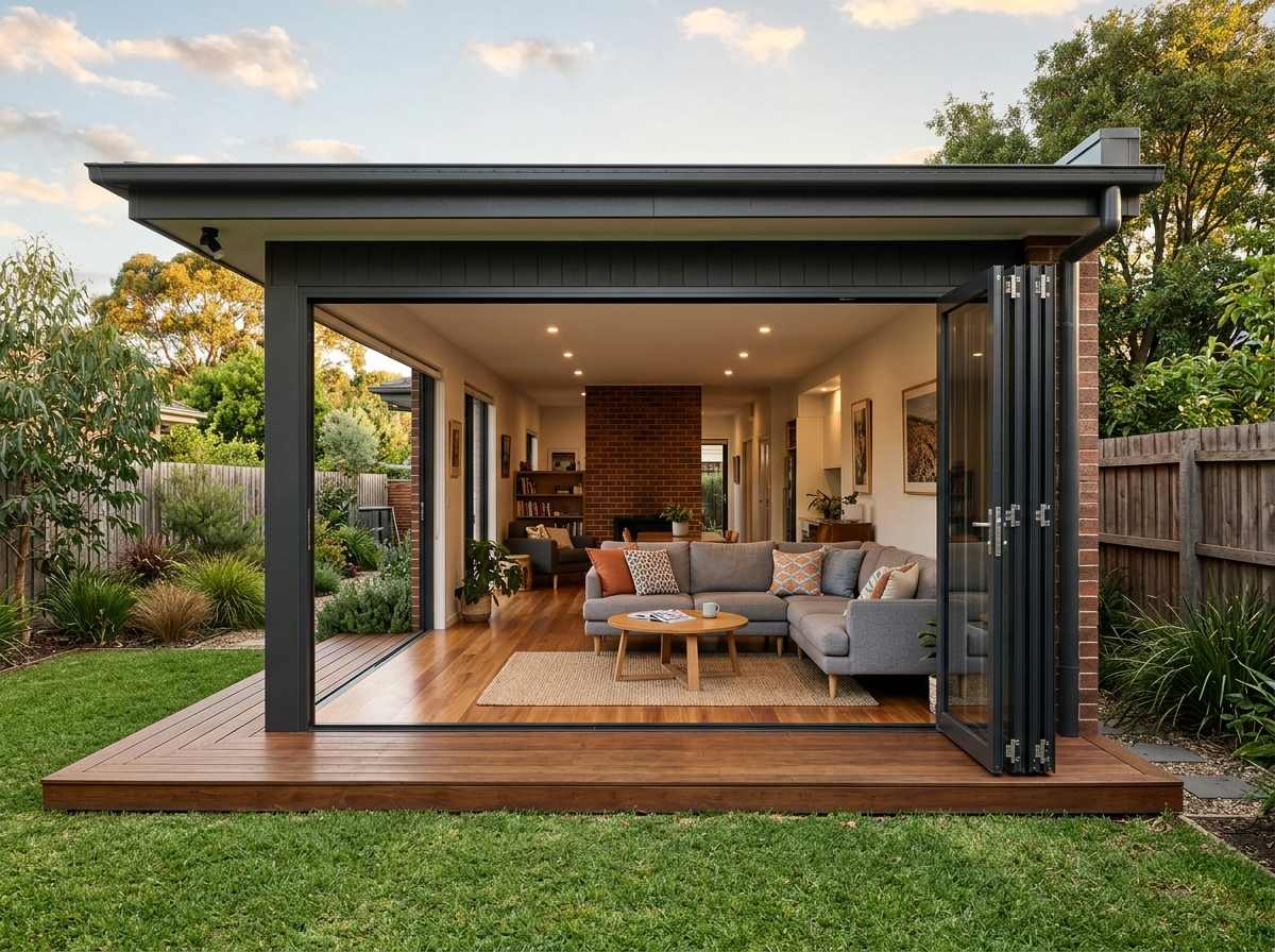 Open-plan sunroom with aluminium bi-fold doors folded open to Melbourne backyard garden