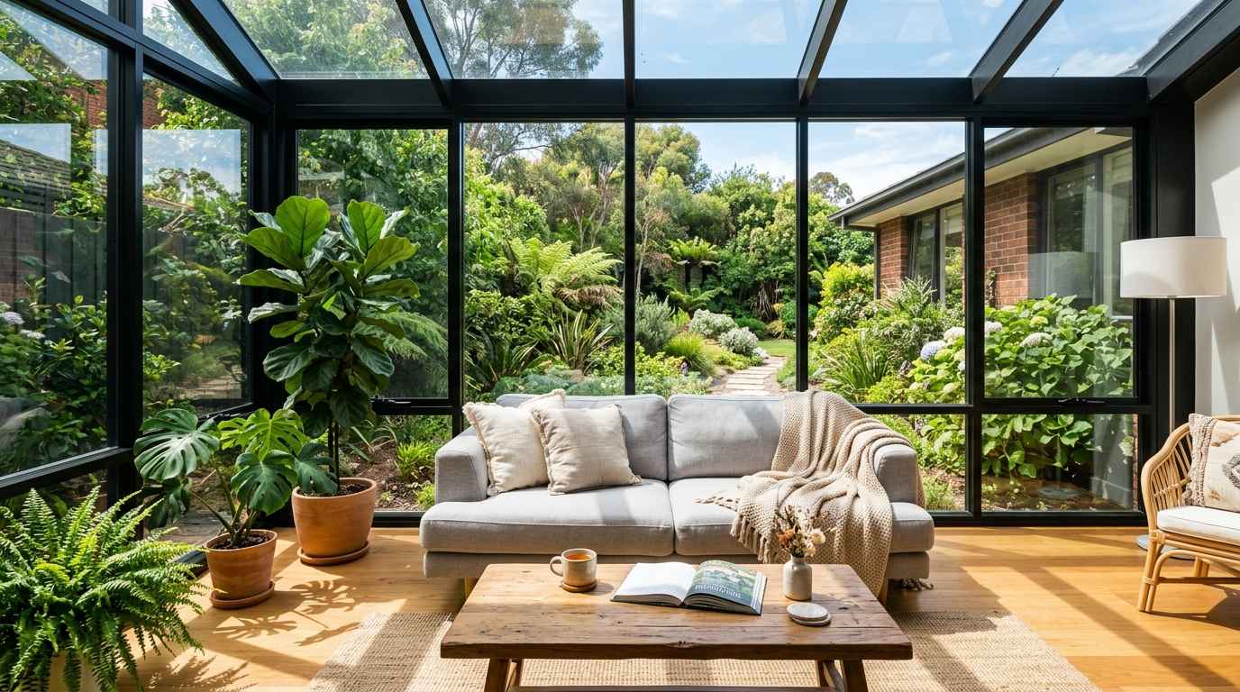 Light-filled glass sunroom interior with lounge setting and garden views in Melbourne home