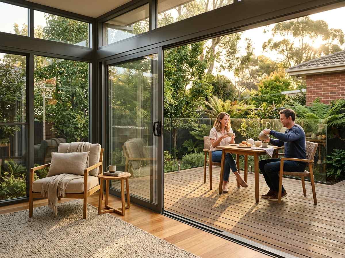 Glass sunroom with sliding door open onto timber deck connecting to outdoor living area