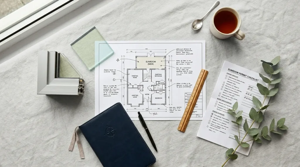 A sunroom addition plan with building materials and a permit checklist on a table by a window.