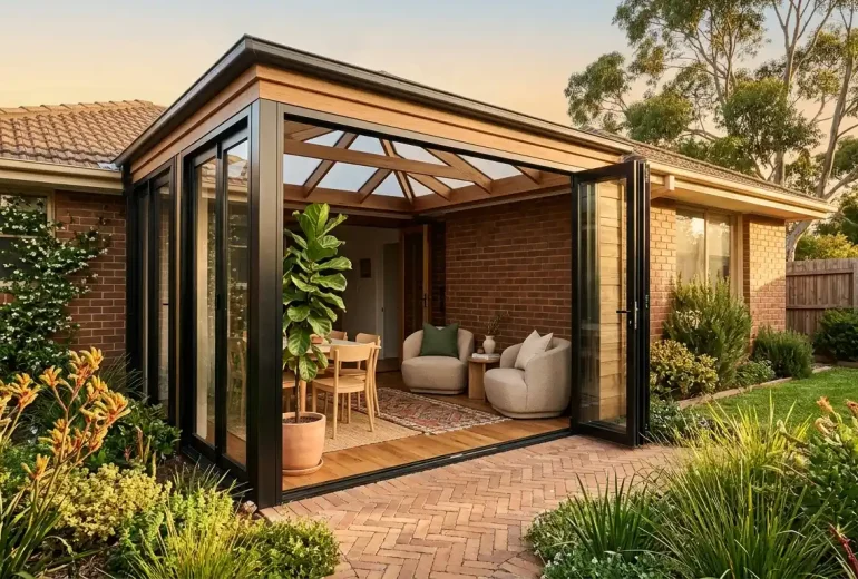 Modern home extension with glass walls and roof, leading to a cozy indoor seating area
