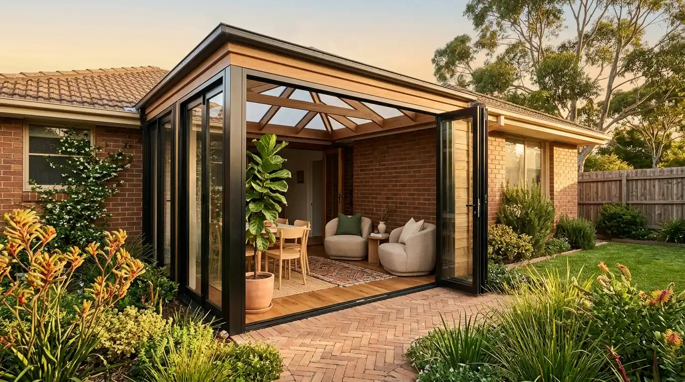 Modern home extension with glass walls and roof, leading to a cozy indoor seating area